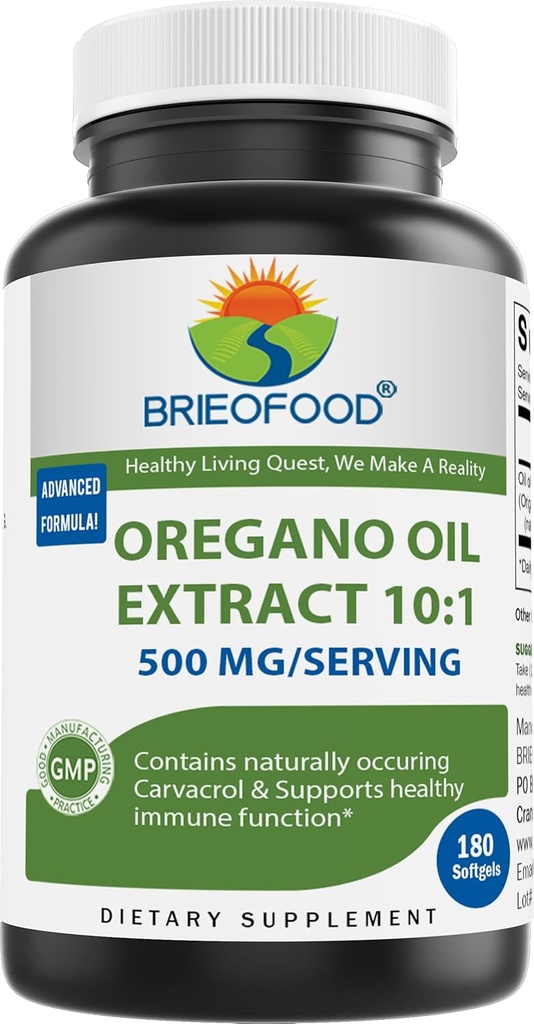 Brieofood Oregano Oil 10:1 uute 500 mg per tarjoilu - sisältää luonnollisesti kirvelee Carvacrol - Terve Immuunifunktio - 180 Softgels