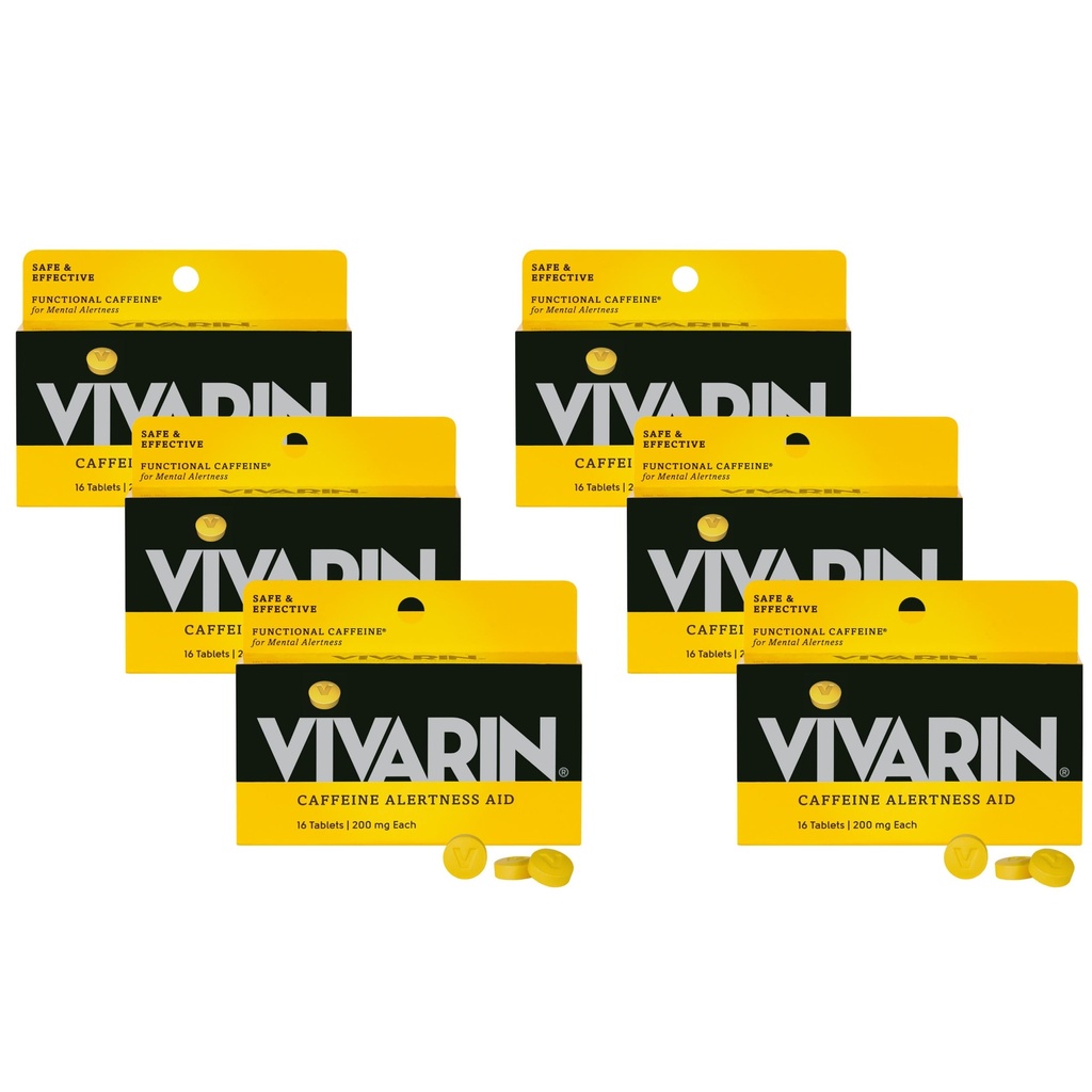 Vivarin, koffeinpiller, 200 mg koffein per dos, säkert och effektivt hjälper dig att hålla dig vaken, ingen socker, kalorier eller dolda ingredienser, energiförsörjning, 16 tabletter (6 paket)