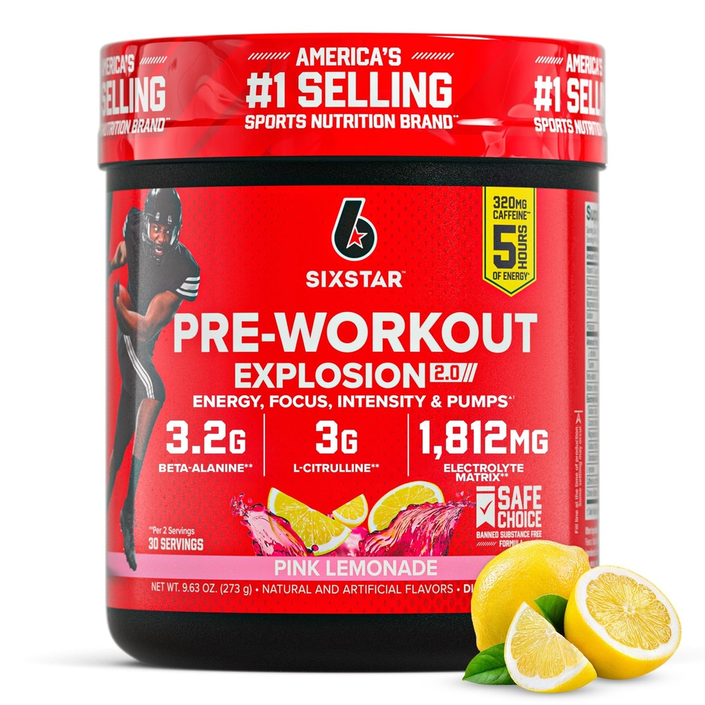Six Star Pre-Workout Powder for Men & Women, Pink Lemonade (30 tarjoilua) - Preworkout Explosion 2.0 Energy Powder Drink Mix Beta-Alanine & Cofeine - Urheiluravintolisätuotteet