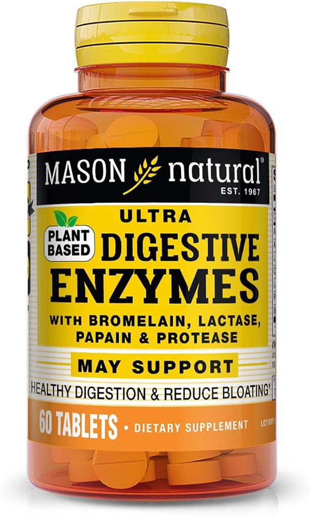 Mason Natural Plant- Based Ultra- digestiivinen Enzyme, jossa on bromelaiini, laktaasi ja  Papain, tukee digestiota ja turvotusta lievittävää lääkettä, 60 kapselia, 3 kapselin pakkaus