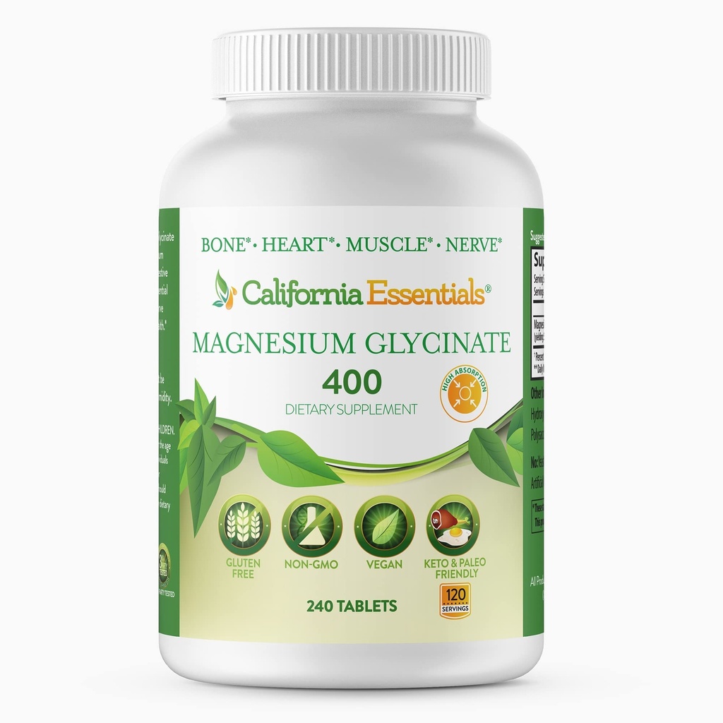 Magnesium Glycinate 400 - Kelatoitu, korkea imeytyvä magnesium lihakseen, luu- ja sydäntuki -Vegaani, ei-GMO, gluteeniton 240 tablettia (Servings 120, tarjoilukoko (2) 200 mg tablettia)