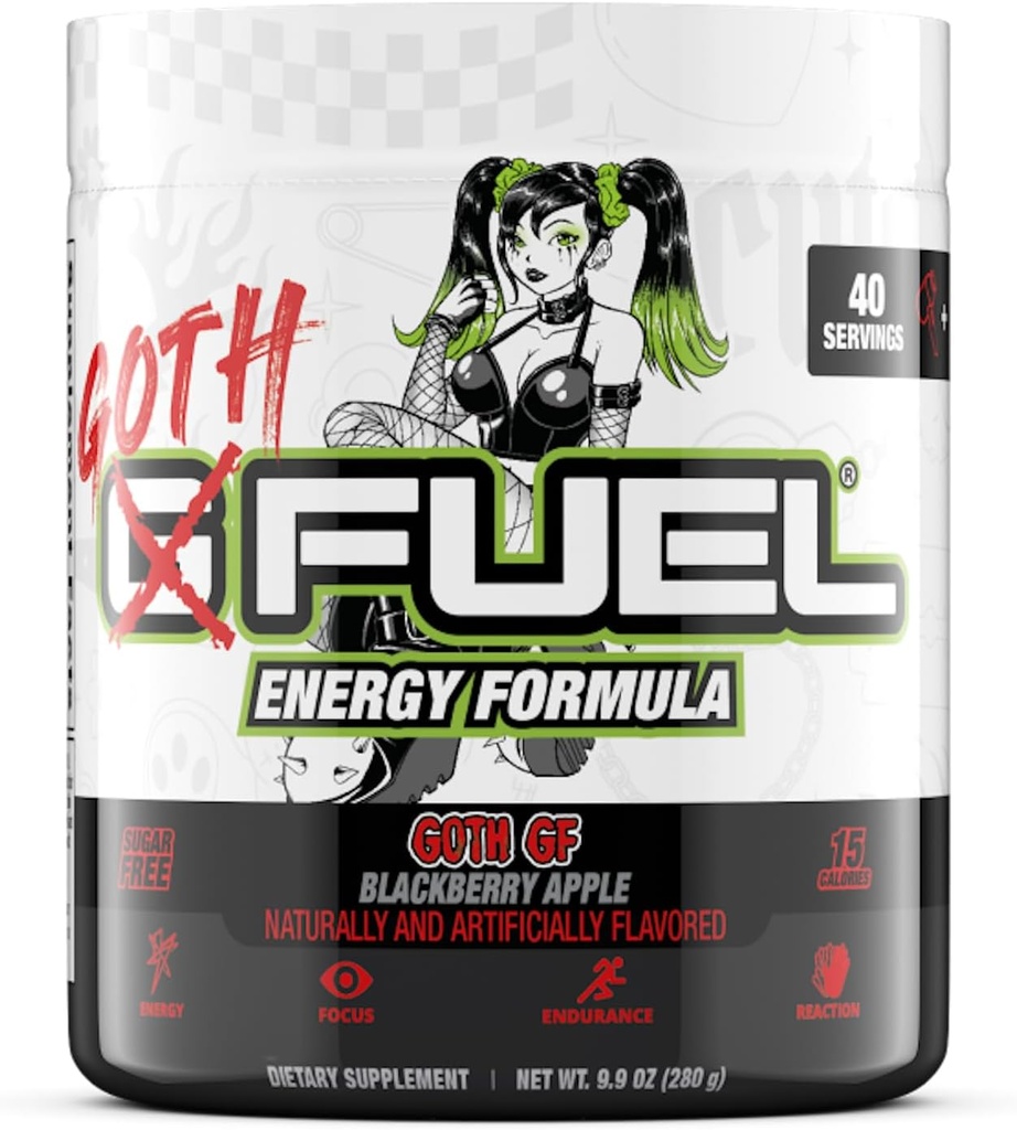 G Fuel Goth GF Energy Drink Powder, Pre Treout Kofeiinijauhe, Energy Powder Drink Mix pelaamista varten, sokeriton Focus Amino, vitamiini + antioksidantteja, 9,9 oz (Mustanmarja omena, 40 tarjoilua)