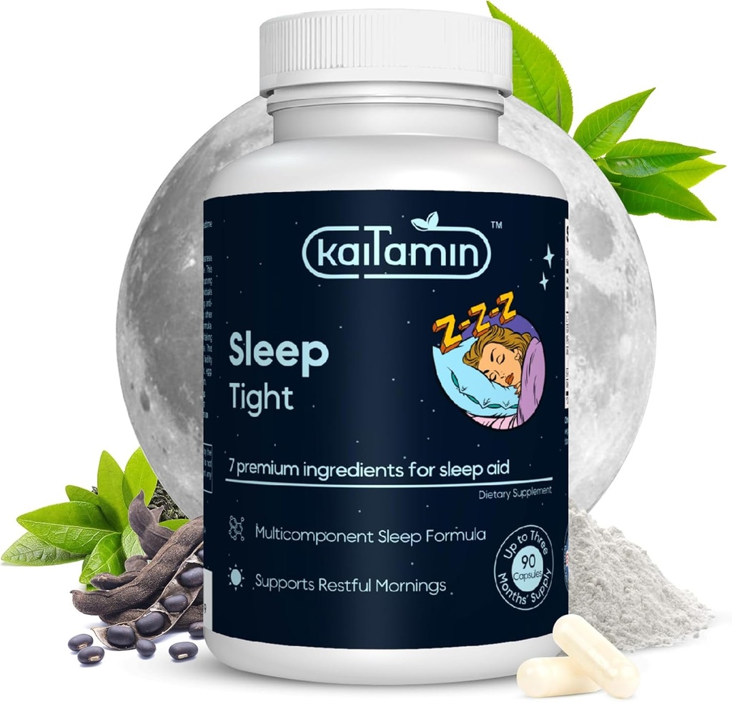 Melatonin Natural Sleep Aid, Theanine, 5-HTP, GABA, Mucuna pruriens, Phellodendron ja Magnesium uni- ja stressituki, 90 kapselia 45 päivän tarjonta - 7 in 1 uniapu