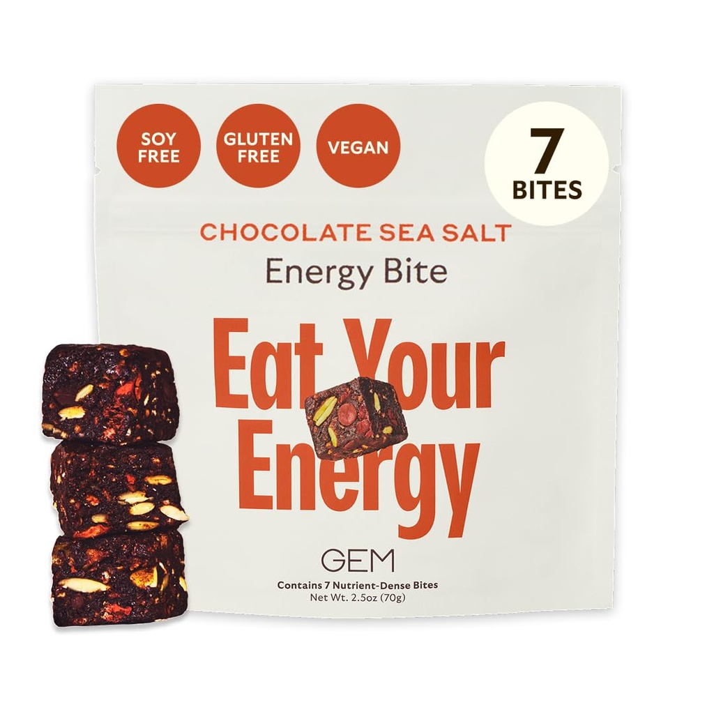GEM Energy Caffeinated Bite | Holistic Sustained Energy | Stöder Metabolism, Stamina & Endurance | 40 mg koffein, Ginseng Root, L-Theanine | Chocolate Cacao Sea Salt | 7 portioner