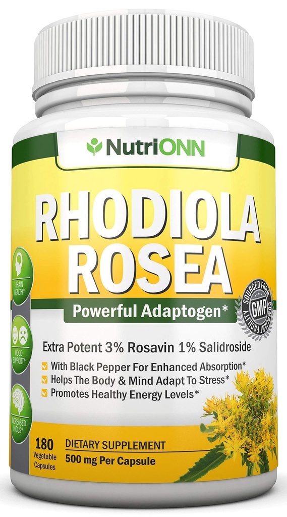 Rhodiola Rosea - 500 mg - 180 Vegaanikapselit - 3% Rosavin 1% salidosidiuute - ei-GMO - Black Pepper for Enhanced Imeytyminen - 6 kuukauden Supply - Supply for Energy & Stamina