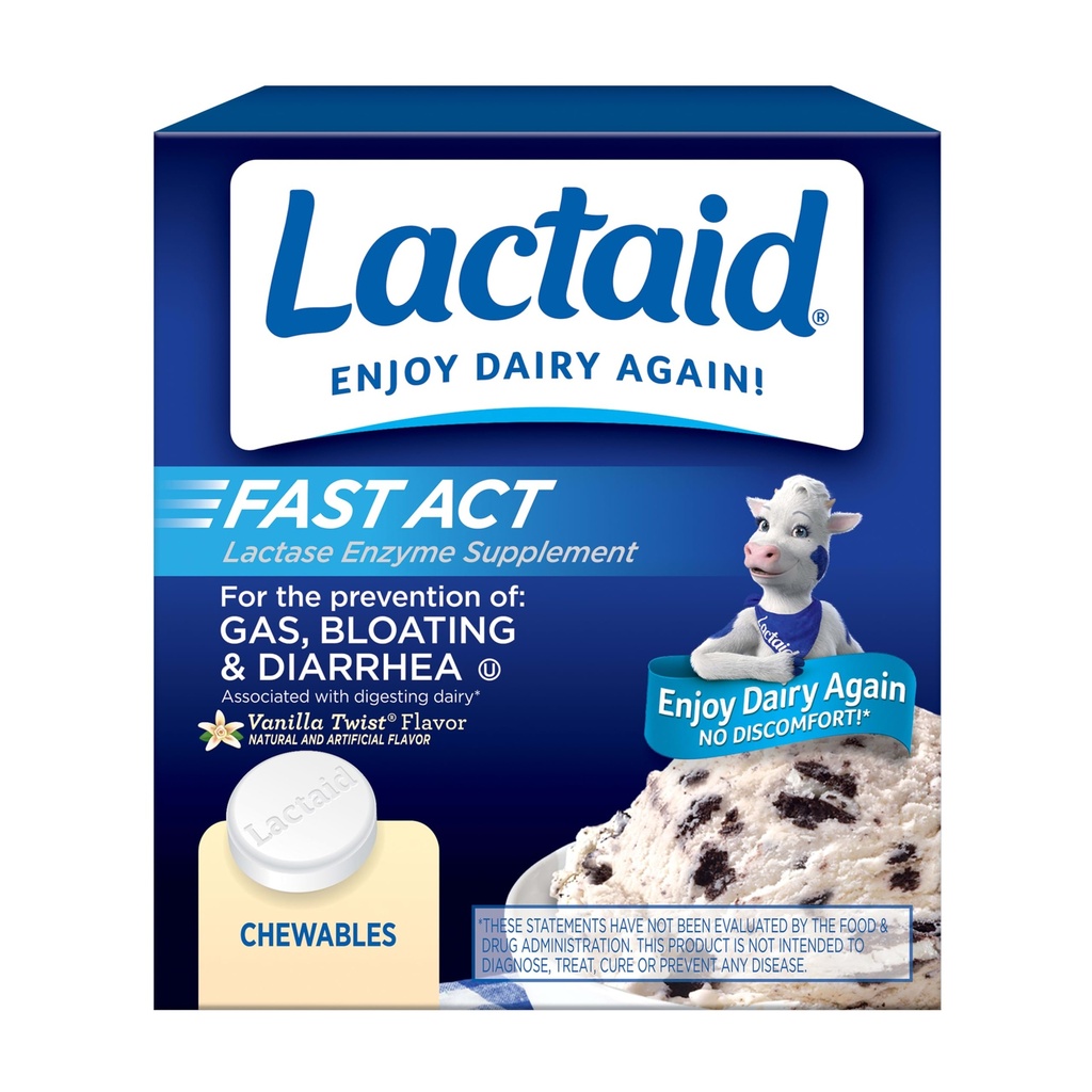 Lactaid Fast Act Laktoosi-intoleranssi Relief Pureskelee luonnon laktaasi- entsyymiä estämään kaasua, turvotusta ja ripulia Laktoosi-herkkyyden, On-the-go, Vanilla Twist Flavor, 60 x 1 t