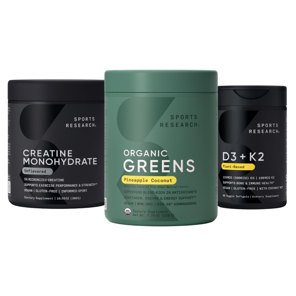Sports Research® Organic Ananas Coconut Greens, Creatiini Monohydraatti & D3-vitamiini 5 000iu + K2-vitamiini 100mg