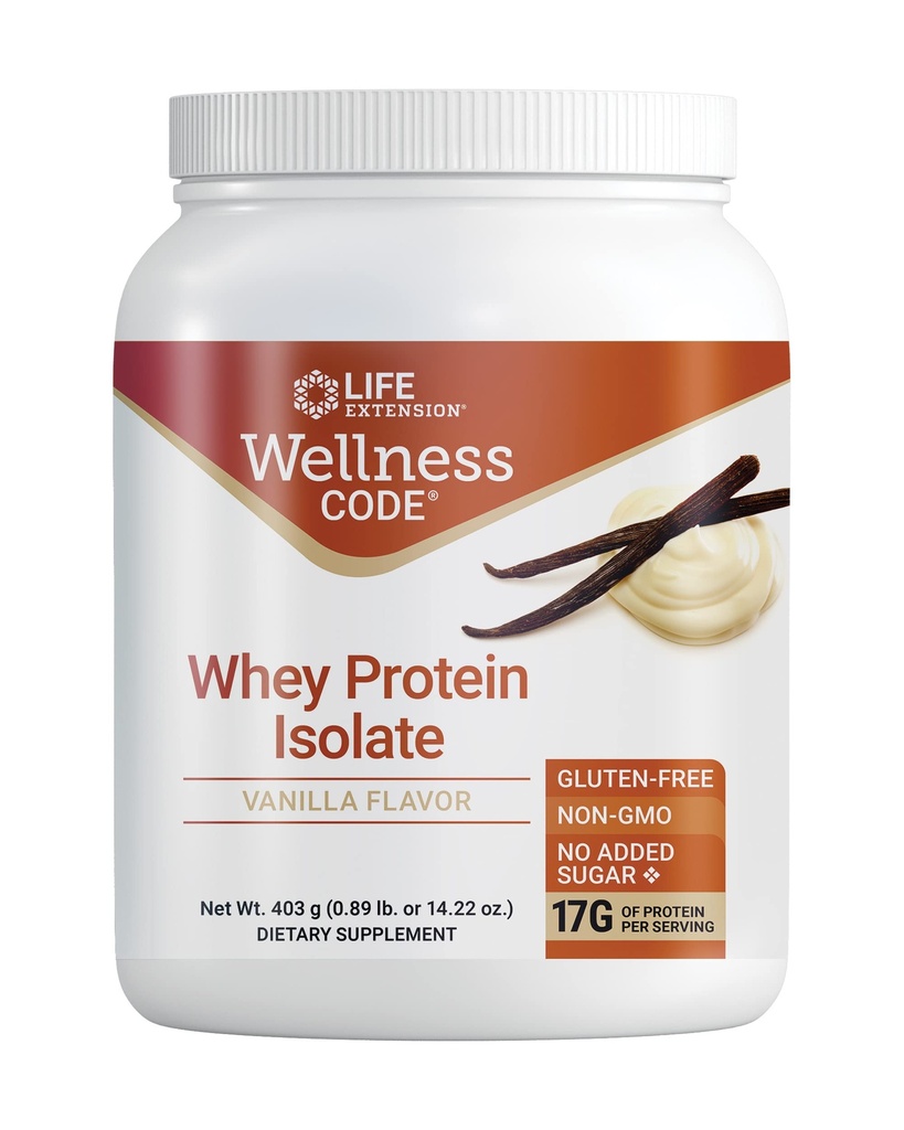 Life Extension Wellness Code® Whey Protein Isolate (Vanilla), Proteiini ja haarautunut-Chain aminohapot lihasten kasvua ja immuuni terveyttä, ei sokeria lisätty, Gluteeniton, ei-GMO, 403 Grams (20 Servings)