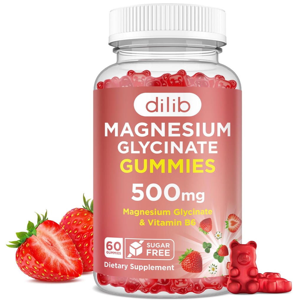 Magnesium Glycinate Gummies 500 mg - Magnesium täydentää B6-vitamiini aikuisille & Magnesium lapsille - rauhoittaa magnesium uni, mieliala, lihasten tuki - mansikka maku, 60 Gummy