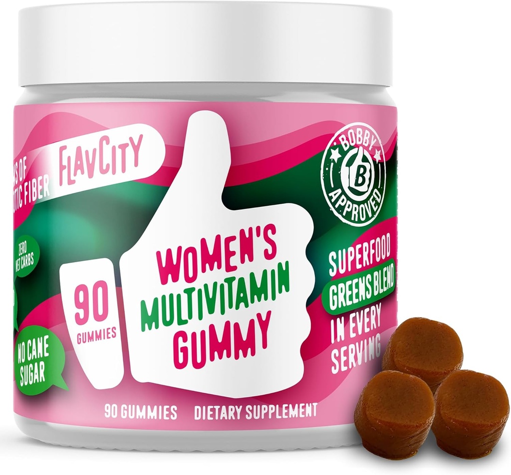 FlavCity Naisten Multivitamiini Gummy - Päivittäin Multivitamiini Gummies naisille - Premium-vitamiinit, Minerals & Prebioottikuitu - Ei ruokosokeria tai siemenöljyjä - Organic Wheatgrass, Moringa & More (90 Gummies)