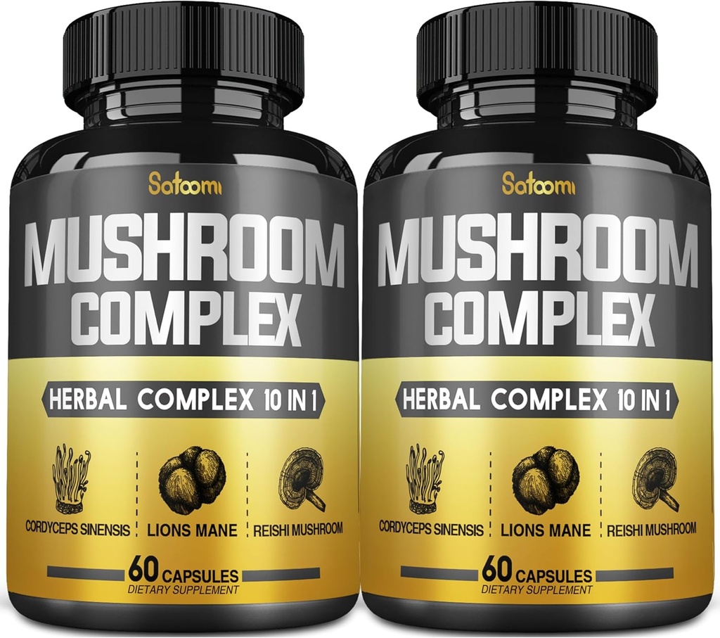 Satomi 10in1 Mushroom Complex Lisäravinteet Kapselit - 4 kuukauden toimitus - Yhteen leijonat Mane, Cordyceps, Reishi, Chaga, Maitake, Shitake & muut - 2 pakkaus 60 kapselia