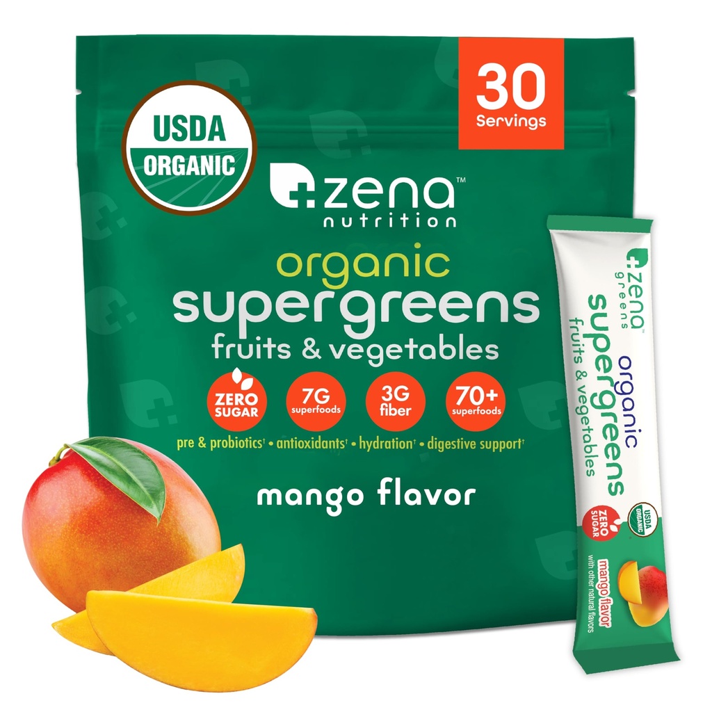 Zena Nutrition Organic Super Greens Powder, 70 + Superfoods, 0 Sugar, 3G Fiber, Spirulina, Chlorella, Mushrooms, Prebiotika / Probiotika, Digestive Enzymes för Gut Health, Mango, 30 Drink Mix Packets
