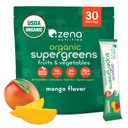 Zena Nutrition Organic Super Greens Powder, 70+ Superfoods, 0 Sokeri, 3G kuitu, Spirulina, Klorella, Sienet, Prebiootit/Probiootit, Dgestive Enzymes Gut Health, Mango, 30 Drink Mix Packets