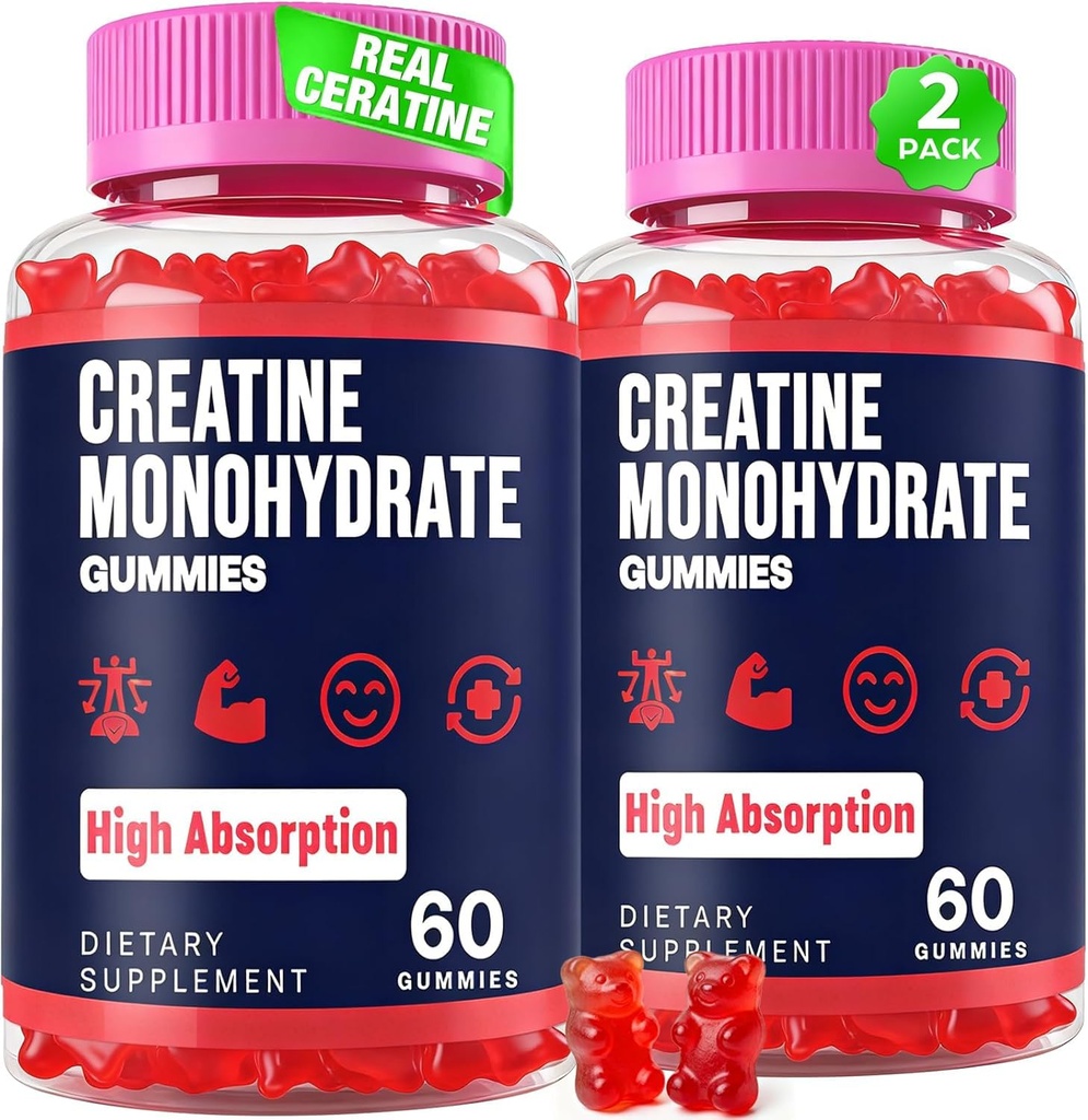 Kreatiini Monohydraatti Gummies for Women & Men, Tauriini & B6, pureskeltava Creatina Pre Treout Gummies for Max Strength & Muscle Growth, Energy, Endurance, Creatiini miesten & naisten - 2 pullot