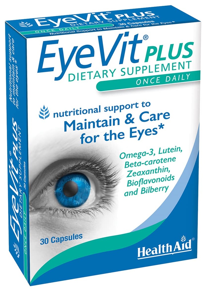 EyeVit Plus - Once-Daily Eye Health Supplement | 30 kapslar | Innehåller Omega-3, Lutein, Beta-Carotene, Zeaxanthin, Bioflavonoids & Bilberry