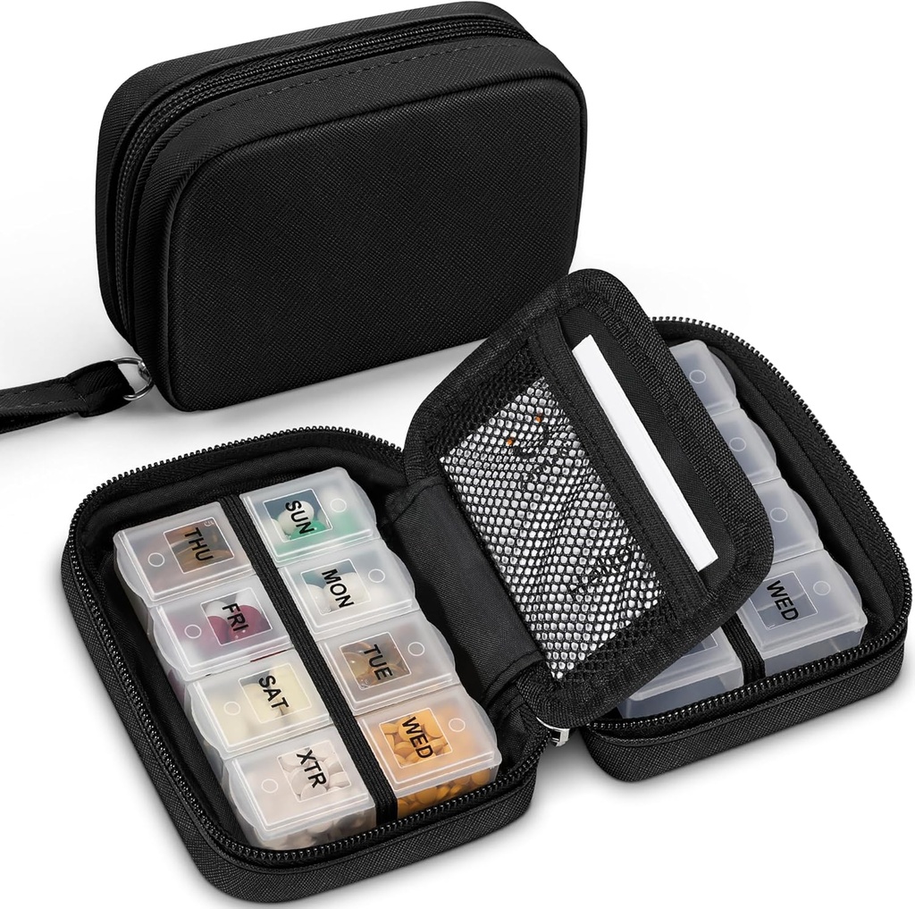 Zannaki Cute Pill Organizer för handväska med två flyttbara 7-dagars Pill Box, Travel PU Leather Pill Case, Portable Weekly Pill Container med lagringsväska för att hålla vitaminer, fiskoljor, tillägg (Black)