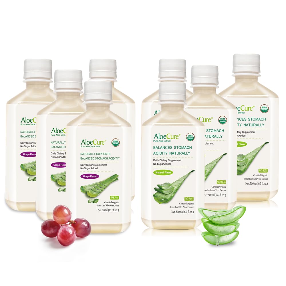 AloeCure Organic Aloe Vera Juice - 8 pullo Näytepakkaus - Grape and Natural Flavor, 8x500ml