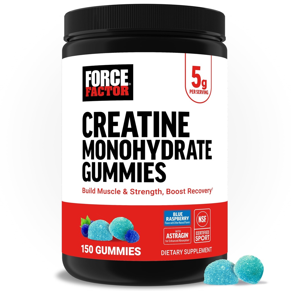 Force Factor Kreatiini Monohydraatti Gummies, NSF Certified, 5g annos miehille ja naisille tukea lihas, vahvuus, elpyminen, kognitiivinen terveys & muisti, Pakkaus Toukokuu Vary, Sininen Vadelma, 150 Gummy