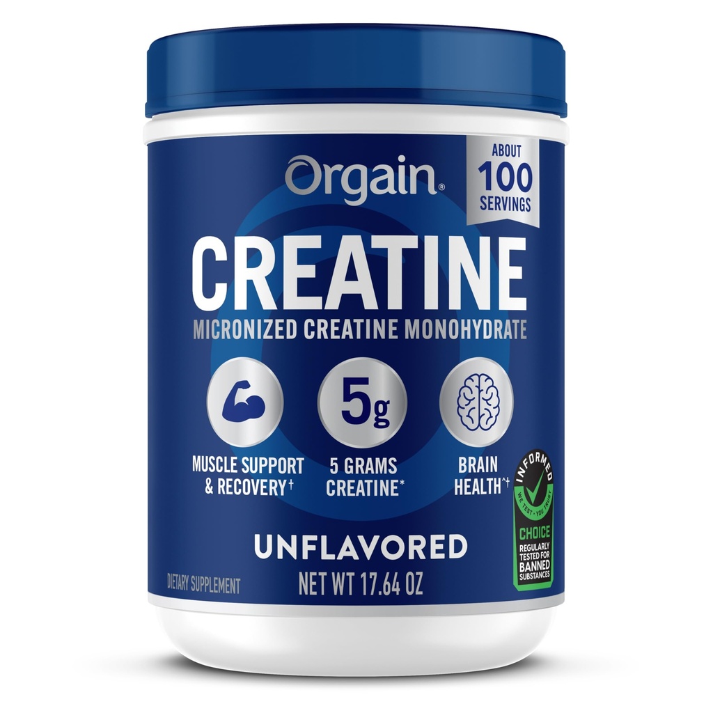 Orgain Creatiini Monohydraatti Micronized Powder, 100 tarjoilut, makua, tukee lihasten kasvua, Post Treout Recovery ja aivojen terveys, Ei keinotekoisia lisäaineita, miesten ja naisten (Pakkaus toukokuussa vary)
