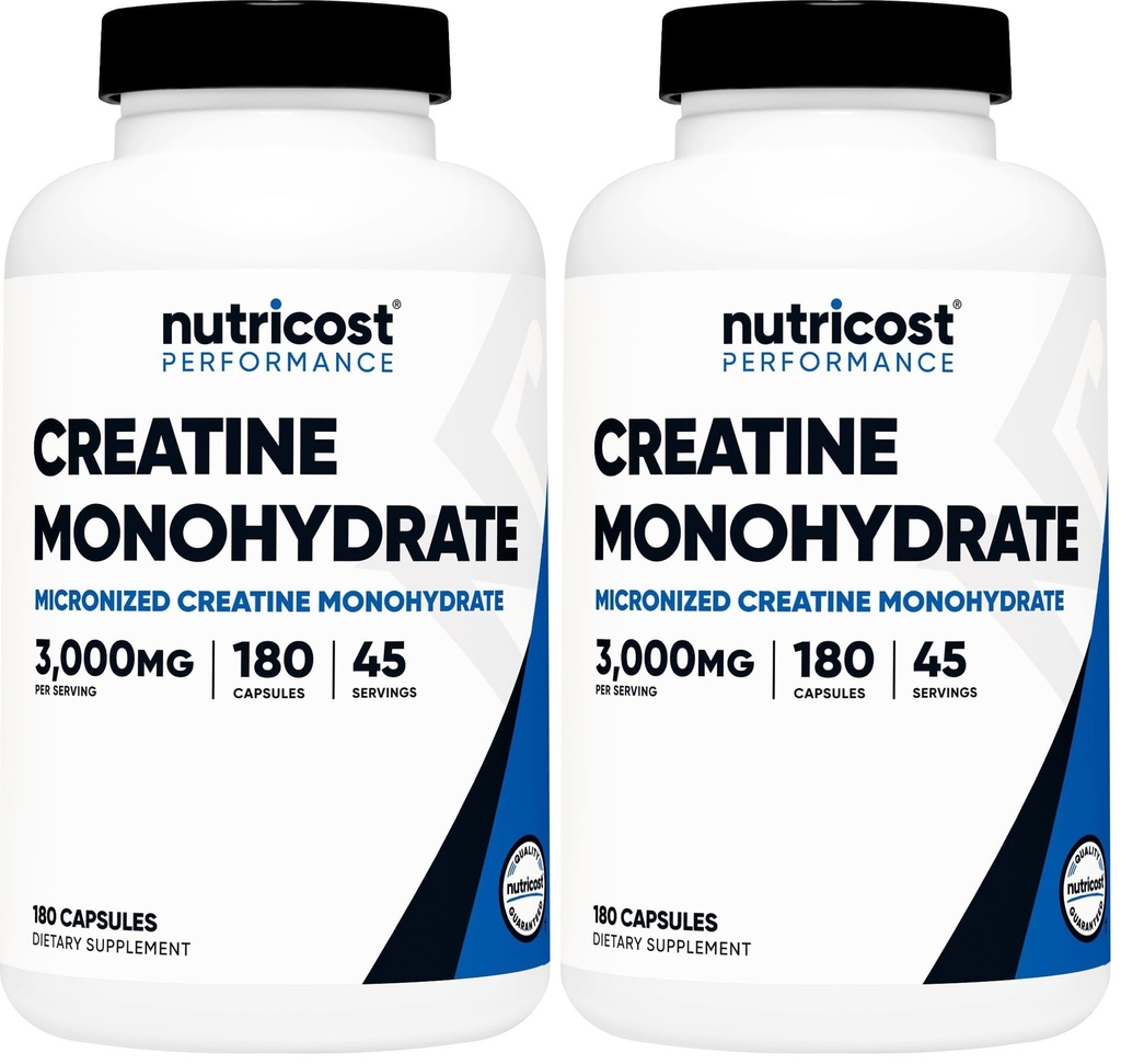 Nutricost Creatine Monohydraatti 3 000 mg, 180 kapselia (750 mg per kapseli) - Gluteeniton, ei-GMO (pakkaus 2)