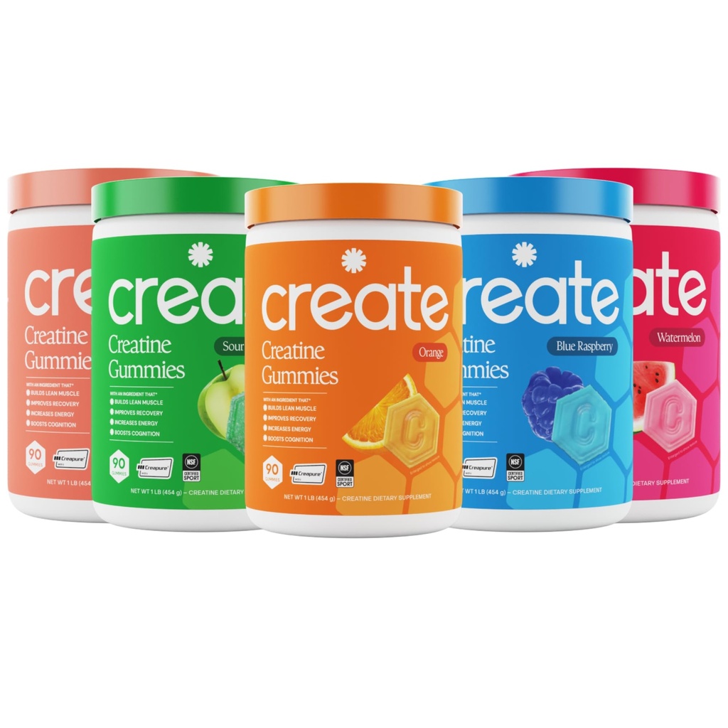 Luo Creatine Monohydraatti Gummies - High Five Bundle - Sour Peach, Sour Apple, Watermelon, Blue Raspberry & Orange - Creatine Gummies naisten ja miesten, NSF Certified, 3rd Party testattu, (5-pack)