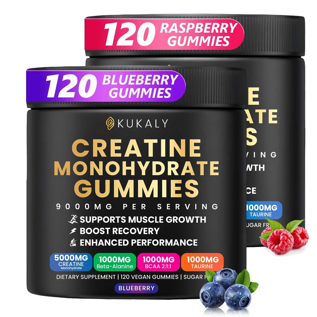 Kreatiini Monohydraatti Miehet ja naiset, 9000MG Creatiini Gummies Sugar Free - BCAA 2:1, B12 B6 Boost Strength, Focus & Endurance, Vegan, ei-GMO