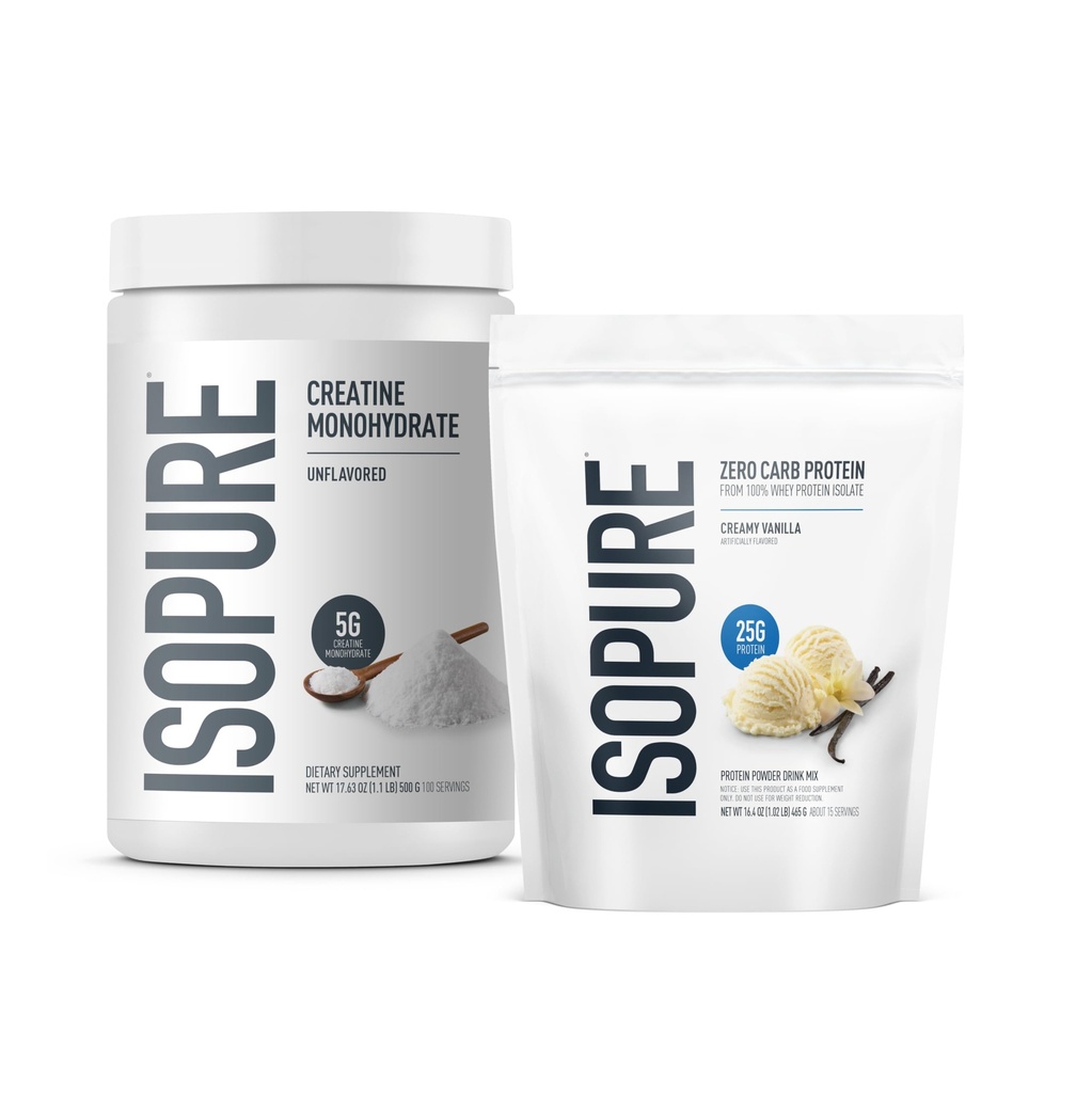 Isopure Bundle of Zero Carb 100% Pure Whey Isolate Protein Powder, Creamy Vanilla, 25g Protein Per Serving, 1 Lb, 14 Servings + Isopure 100% Pure Creatiini Monohydraatti Powder, 100 Servings