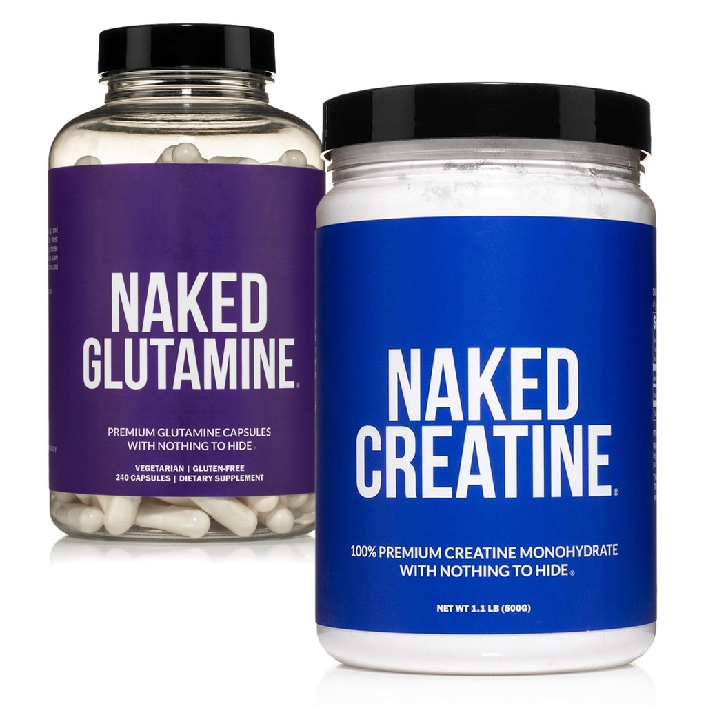 NAKED Pure Micronized Creatine Monohydrate 100 Servings + Pure L-Glutamine 240 Capsules Bundle: Vegan, Non-GMO, Gluten Free. Minimera Muscle Breakdown & Improve Protein Synthesis. Ingenting artificiell