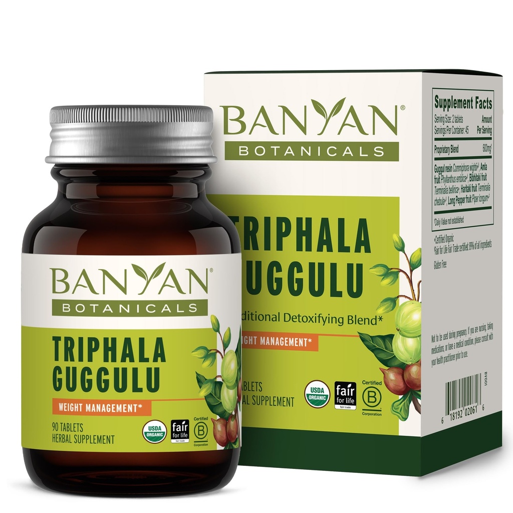 Banyan Botanicals Triphala Guggulu - Organic Triphala Supplement med Guggulu Resin - Herbal Detox Supplement för att stödja hälsosam matsmältning * - 90 tabletter - Icke-GMO Sustainably Sourced Vegan