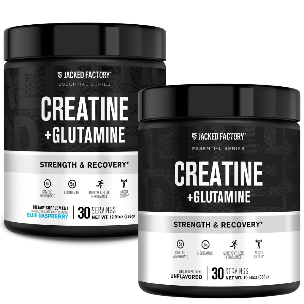 Jacked Factory Creatiini + Glutamiini - Creatiini täydentää L-glutamiini lihasten Recovery, lihasten kasvu, lisääntynyt vahvuus (30 tarjoilua, makuamaton & 30 tarjoilua, sininen vadelma)