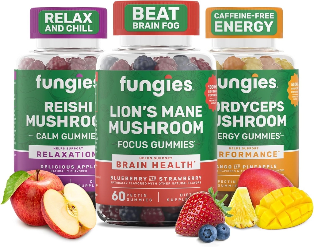 Sienet Sieni Gummy 3-Pack Bundle, Leijonan mane, Cordyceps & Reishi Gummies aikuisille - Sieni Gumies tukee aivojen terveys, Gut Health, energia & Daily Wellness - 180