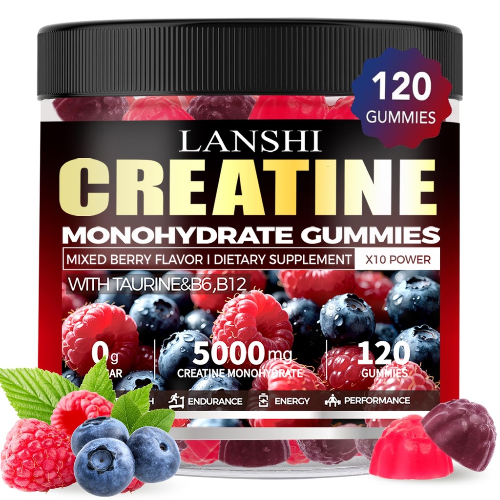 Kreatinmonohydrat Gummies 5000mg - Sugar Free Pre Workout Supplement för män och kvinnor, Kreatin Gummies för muskel, styrka, återhämtning, kognitiv hälsa och minne, blandad Berry smak, 120 greve
