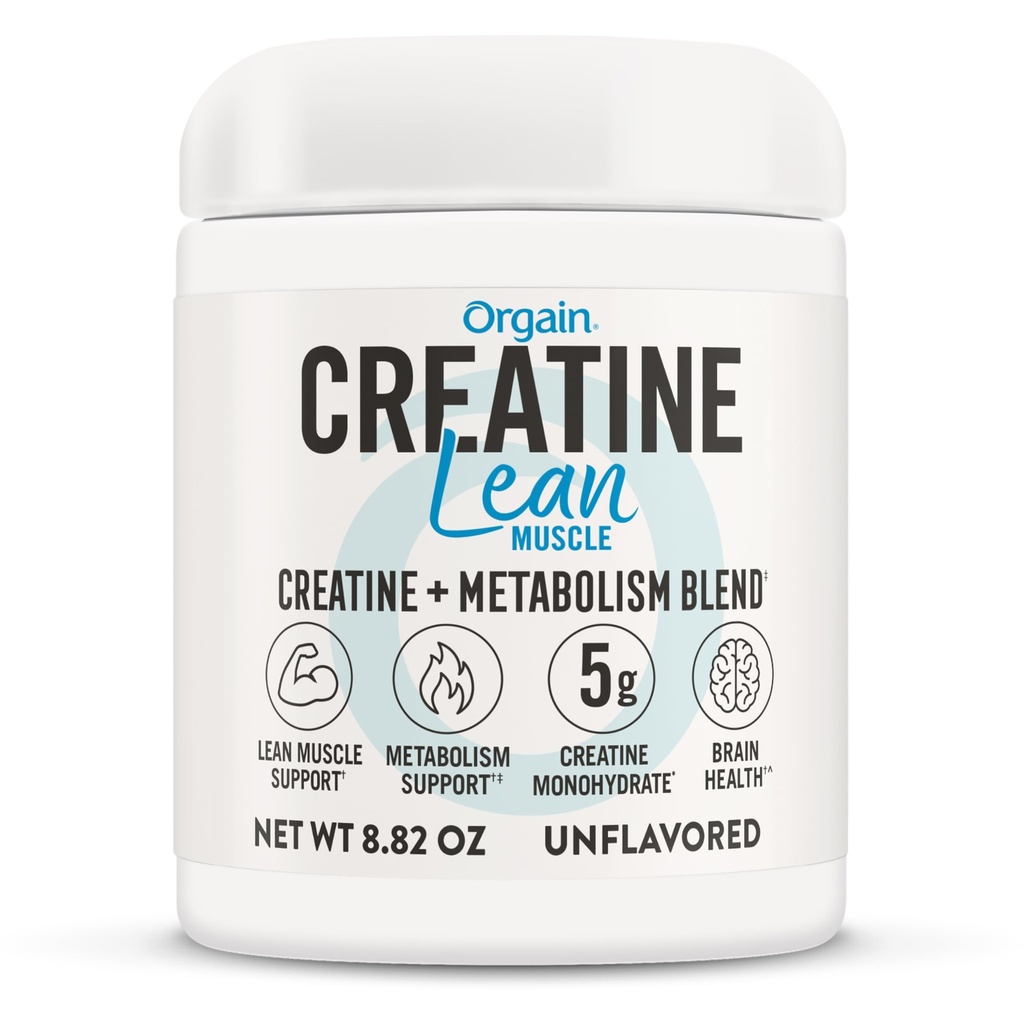 Orgain Micronized Creatine Monohydrate Lean Muscle Powder med Metabolism Blend, Unflavored, 50 Servings, stöder muskelstyrka och hjärnhälsa, No Dairy eller Soy, Gluten Free, Vegan