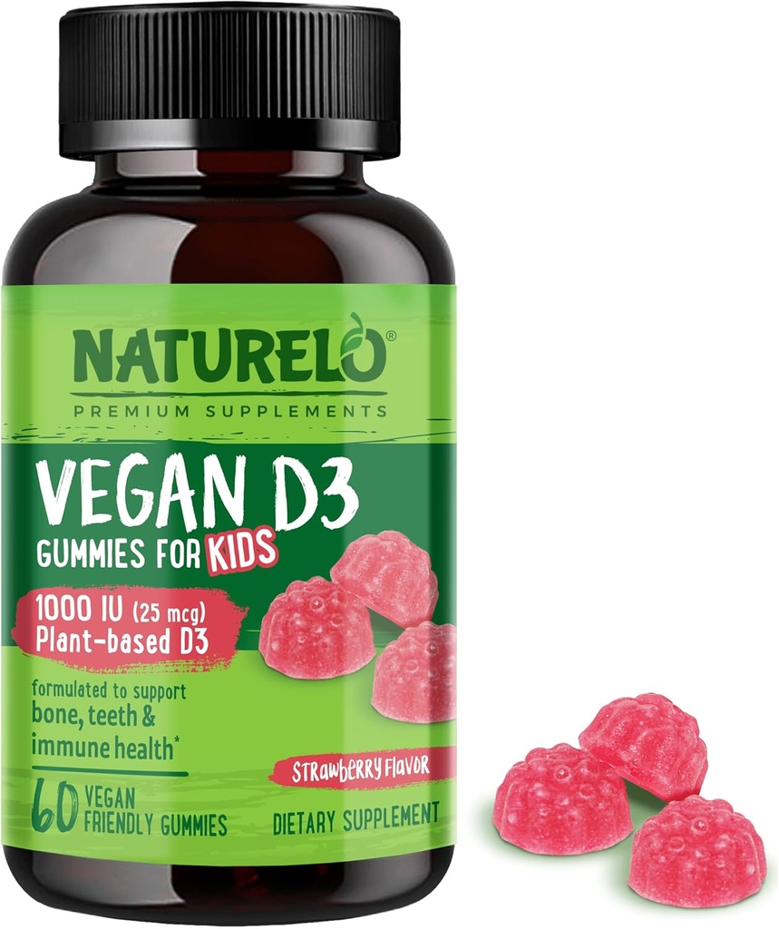 NATURALLO Vegan D3 Gummies for Kids - 1000 IU D3-vitamiinia - Plant-perusteltu koko ravintolisä lapsille 4 ja vanhemmille - 60 Vegan-ystävällinen Gummies