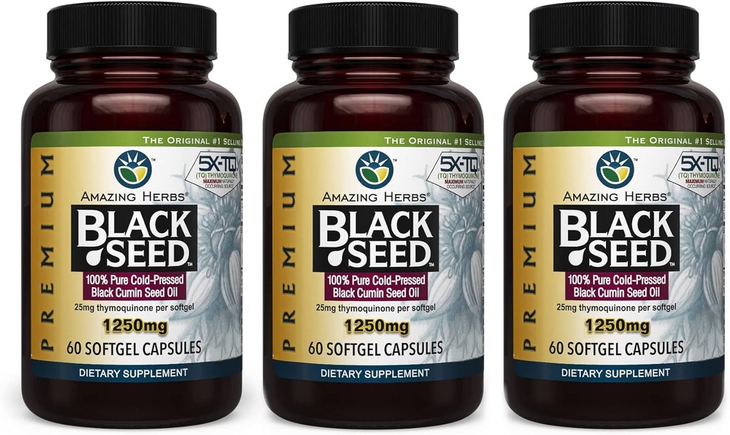 Fantastiska örter Premium Black Seed Oil Capsules - High Potency, Cold Pressed Nigella Sativa Aids in Digestive Health, Immune Support & Brain Function - 60 Count, 1250mg (Pack of 3)