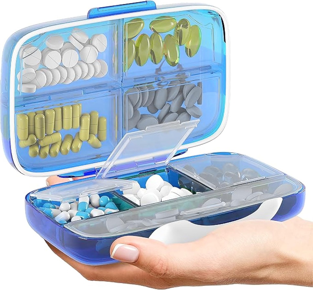 Travel Pill Organizer - Airtight Medicine Case for Traveling Portable Pharmacy Box med etiketter Vitamin Container 8 Compartment Supplement Medication Holder Large Capacity Daily (Blue)