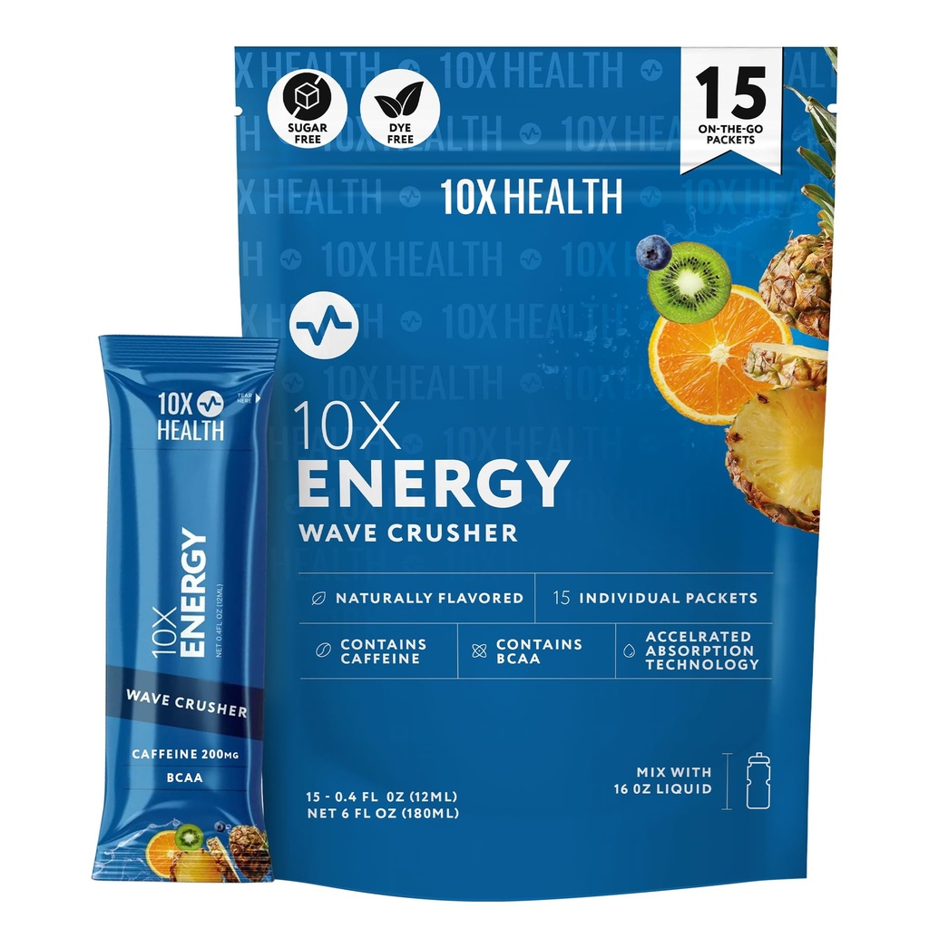 10X Health - Energy Wave Crusher - Energiajuoma 200 mg kofeiini, BCAAs, B-vitamiinit, nopeutettu Imeytyminen - Trooppinen Punch Pre-Workout Drink - 15 Drink Mix Packets (Wave Crusher - Energia)