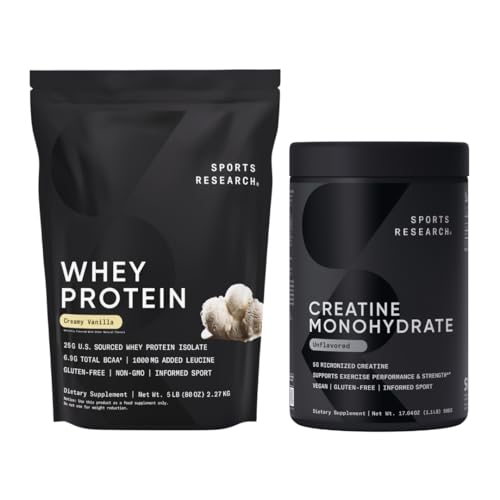 Sports Research® Creatine Monohydraatti (100 Servings) & Vanilla Whey Protein (63 Servings), Dynamic Duo Lean Muscle Building, Parempi suorituskyky, vahvuus ja harjoitus Recovery - Urheilu Nutritio