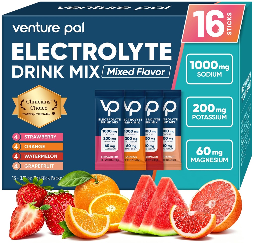 Venture Pal High Sodium Sugar Free Electrolytes Powder Packet - Hydraation Packets with Vitamiini, Natrium & Kalium