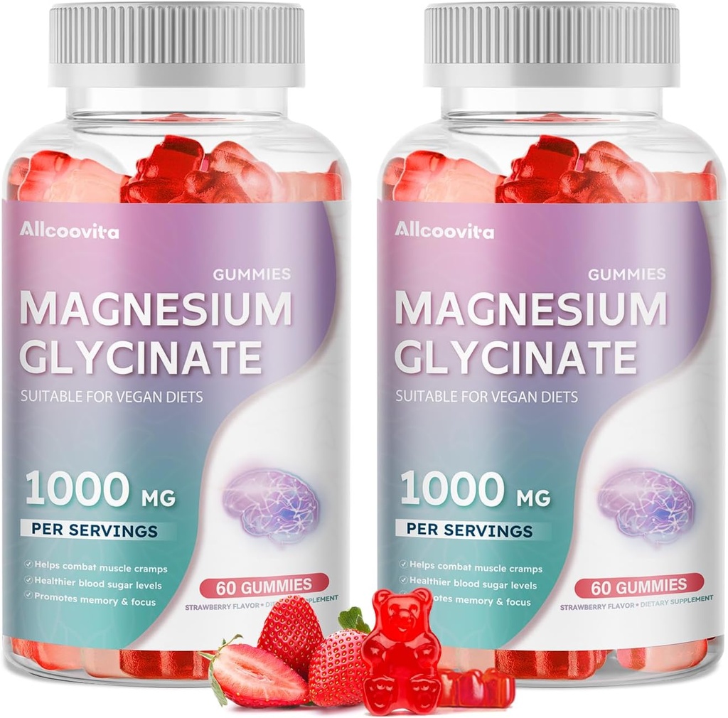 Magnesium Glycinate Gummies 1000 mg - Sokeriton magnesium Kaliumlisä D-vitamiini, B6, CoQ10 rauhoittaa mielialan ja uni tukea - 120 mansikka Gummies