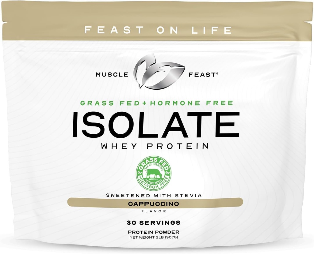 Muscle Feast Grass-Fed Whey Protein Isolate, All Natural Hormone Free Pasture Raised, Whey Isolate Protein Powder for Miehet ja naiset, Puhdas, Gluteeniton, Herkullinen Isolate Protein - Cappuccino, 2lb