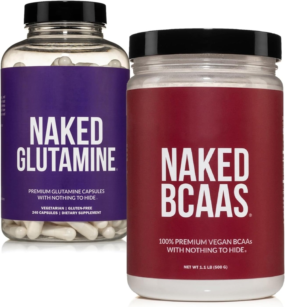 NAKED Mauttomat BCAAs 100 Sevings + Pure L-Glutamiini 240 Kapselit Bundle: Ei-GMO, Gluteeniton, Lihas Recovery, mitään tekonurmella