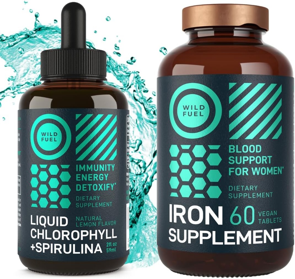 WILD FUEL järn tabletter för kvinnor med folsyra och flytande klorofyll med Spirulina kvinnlig hälsa och Detox Bundle