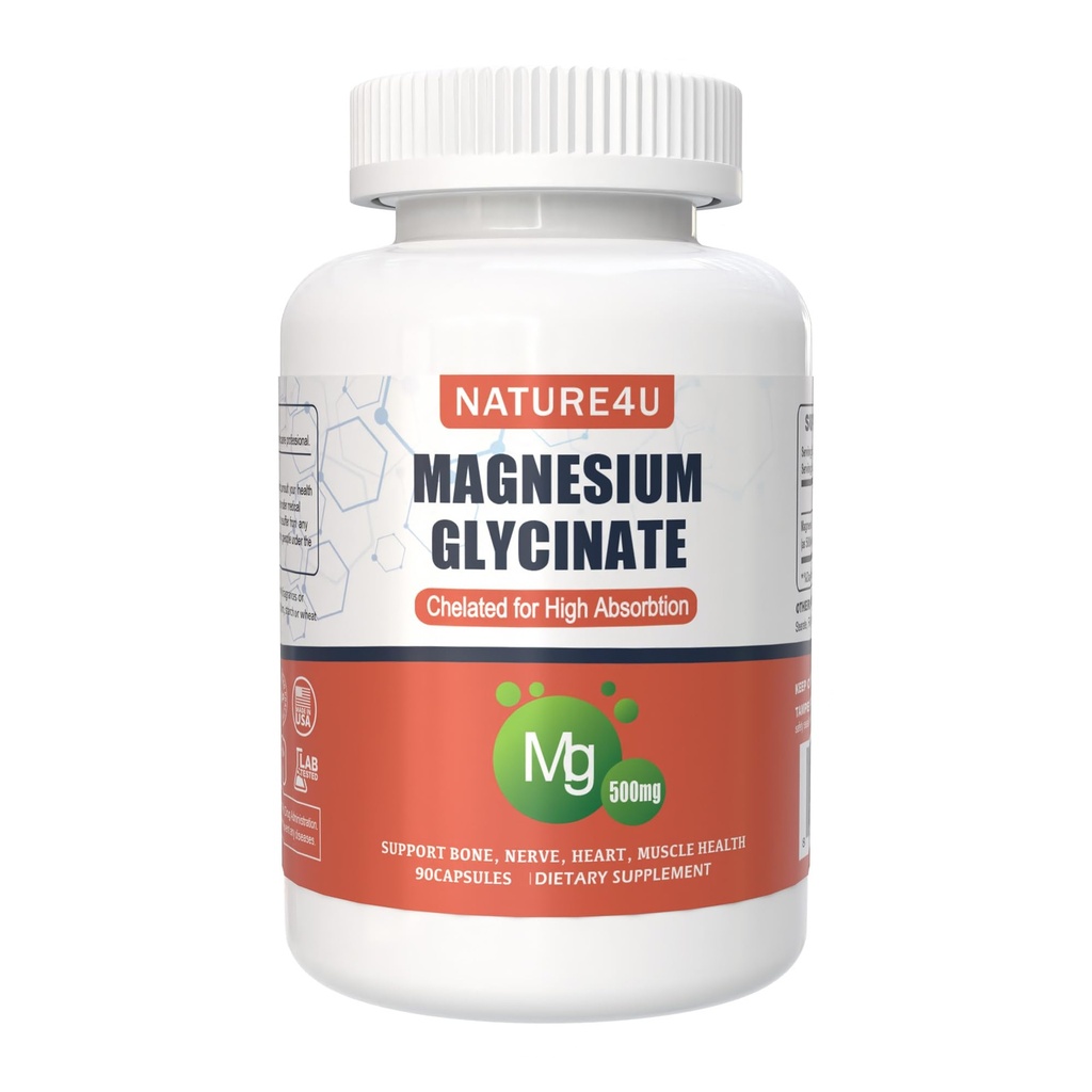 Magnesium Glycinate 500mg, 100% kelat för hög Absorption Magnesium Supplement för sömn, muskel, hjärta, aldrig och benstöd, 90 kapslar