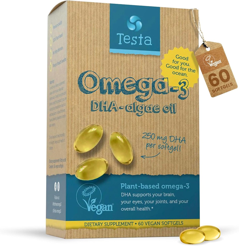 Testa Omega 3 Supplement - 250mg DHA från Algae Oil - Vegan Omega 3 - Stöder hjärna, ögon och gemensam hälsa - Inte från fisk, rena alger kapslar - två månaders leverans