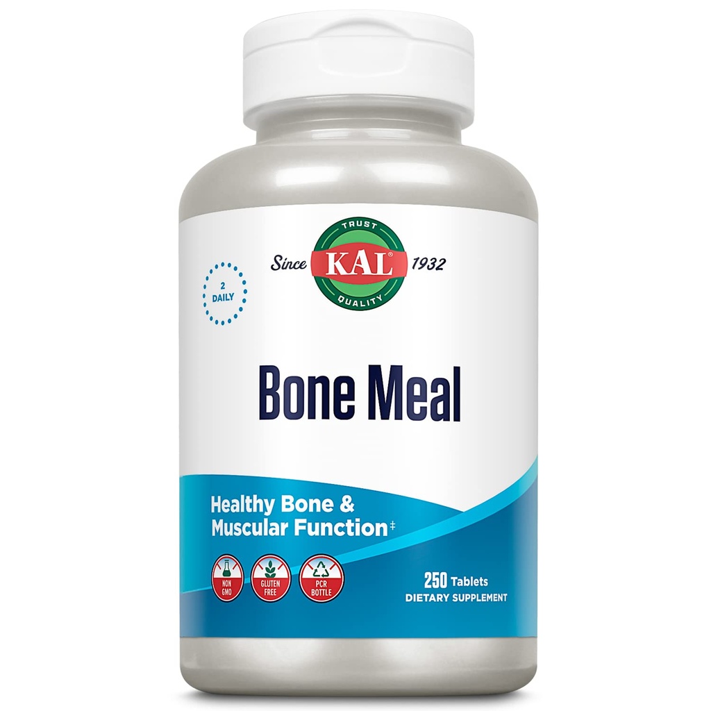 KAL Bone Meal Tablets, Calcium Supplement w/Magnesium, Vitamin D3 och K, Bone Health, Muscle and Nerve Function Support, Rapid Disintegration, Gluten Free, Non-GMO, 60-Day Guarantee, 125 Serv, 250ct