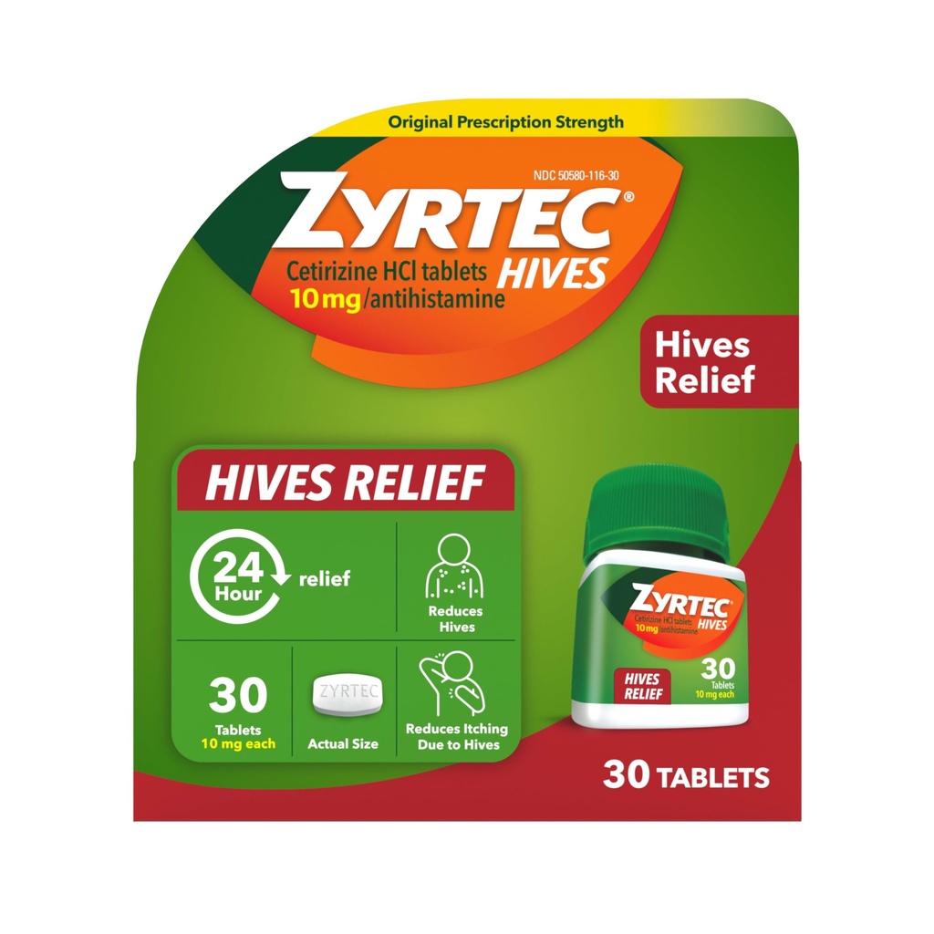 Zyrtec 24 hour hives Relief -tabletit, 10 mg setiritsiini HCl -tabletit, joiden avulla voidaan vähentää nokkosrokkoa ja vähentää kutinaa pesäkkeiden, kutinaa lievittävien antihistamiinitablettien ja urtikarian hoitoon, 30 ist