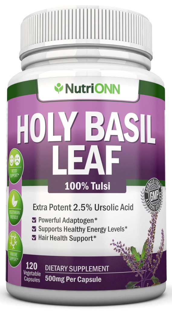 Holy Basil Leaf Capsules - 500mg - 2,5% Ursolic Acid - 120 Vegaanikapselit - Real Tulsi Extract Supplement - Positive Mindset - Adaptogenic & Ayurvedic Herb