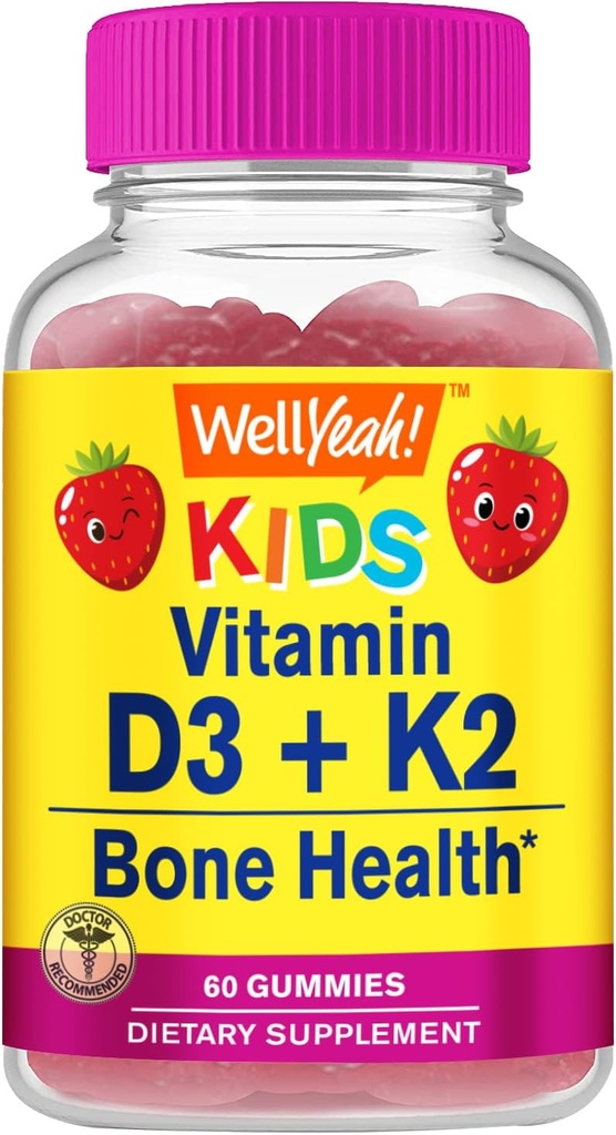 WellYeah Vitamin D3 + K2 för barn Gummies - Vitamin D3 1000 IE, K2 100 MCG - Bone and Muscle Health Support, Natural Flavors, GMO Free, Gluten Free, Vegan - K2 D3 Vitamin Supplement - 60 Gummies