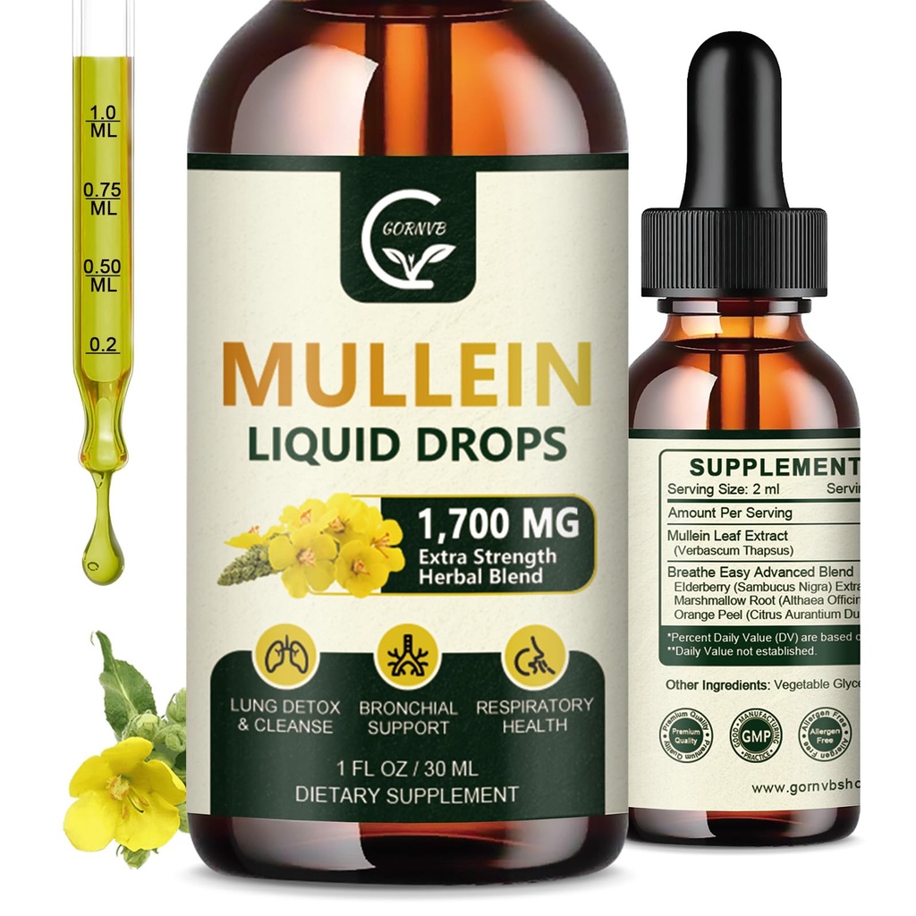 (2 pakkaus) Mullein Drops for Keuhkojen - Keuhkojen puhdistus ja hengitysteiden tuki, Tehokas 4 in 1 Mullein Leaf Extract kanssa Elderberry, Marshmallow juuri ja oranssi kuori Bronchial tukea, 1 Fl Oz
